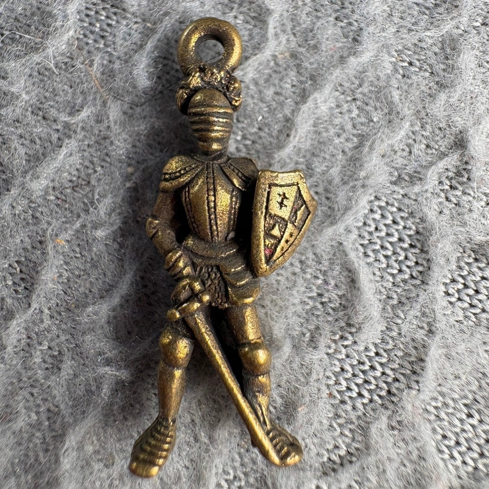 Vintage Bronze Gold Tone Medieval Knight Pendant Charm with Sword and Shield
